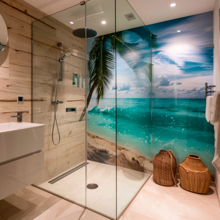 Modernes Badezimmer mit Glasdusche, Strandhintergrund und Holzelementen