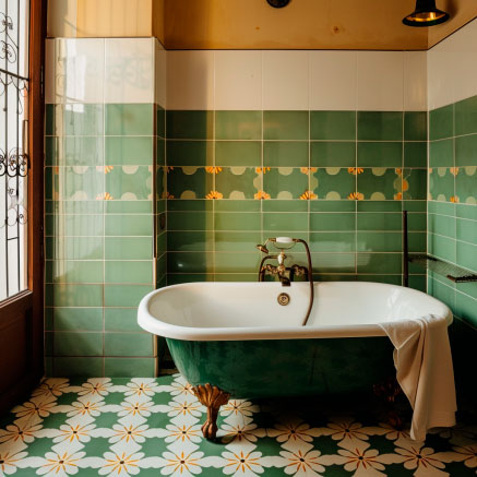 Vintage Badezimmer mit freistehender Badewanne und grünen Fliesen Ein stilvolles Badezimmer mit einer freistehenden Badewanne, umgeben von grünen Wand- und Bodenfliesen mit floralem Muster.