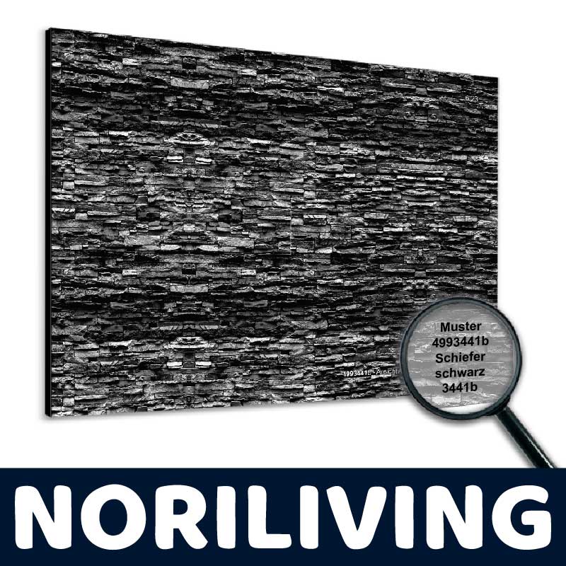 Nahaufnahme eines schwarzen Schiefer-Wandbildes mit der Musterkennung 4993441b, hergestellt von NORILIVING. Die strukturierte Oberfläche hebt das dekorative Design hervor.