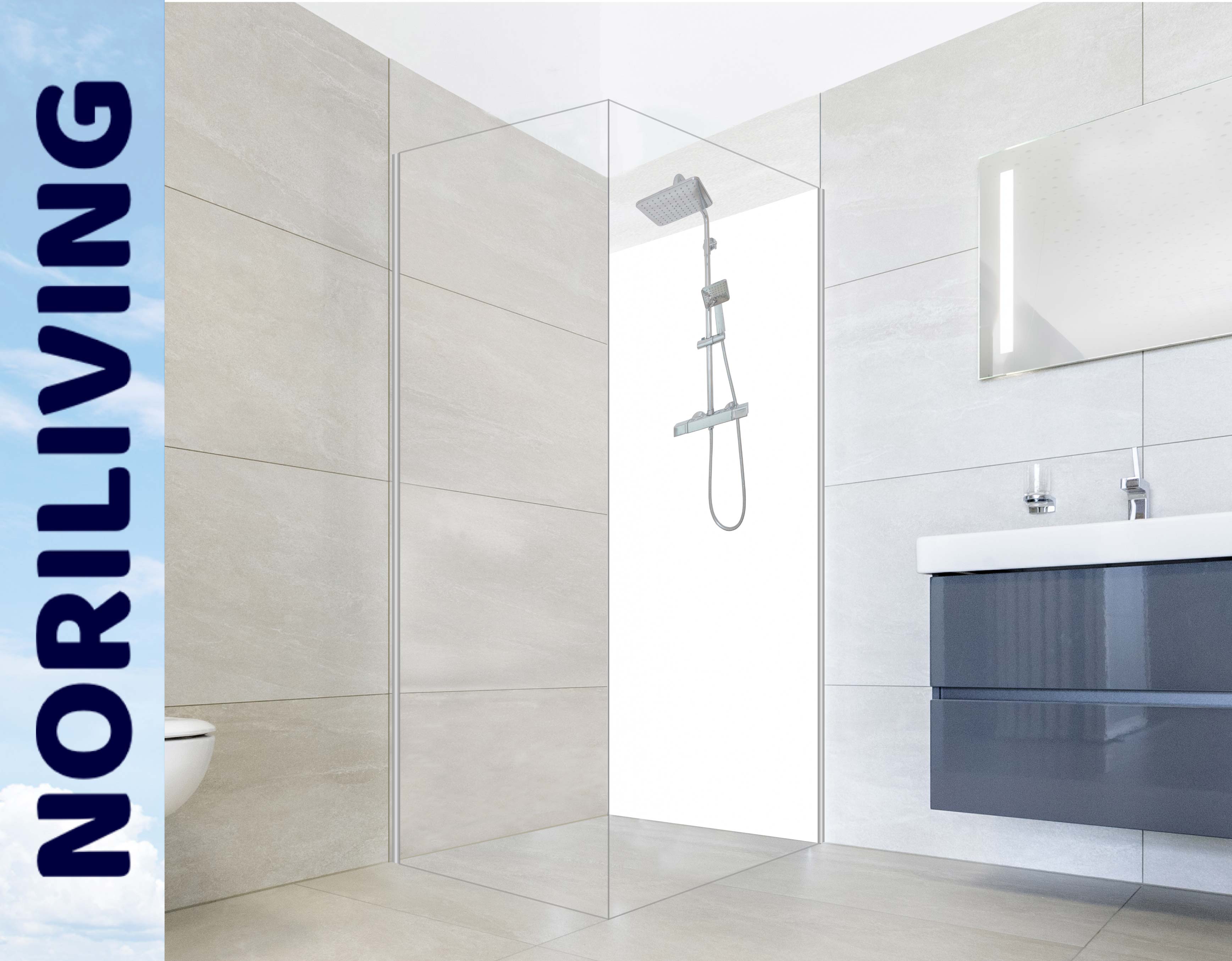 Elegantes Badezimmer mit hochwertiger Noriliving Duschkabine, Glaswand und moderner Sanitärausstattung