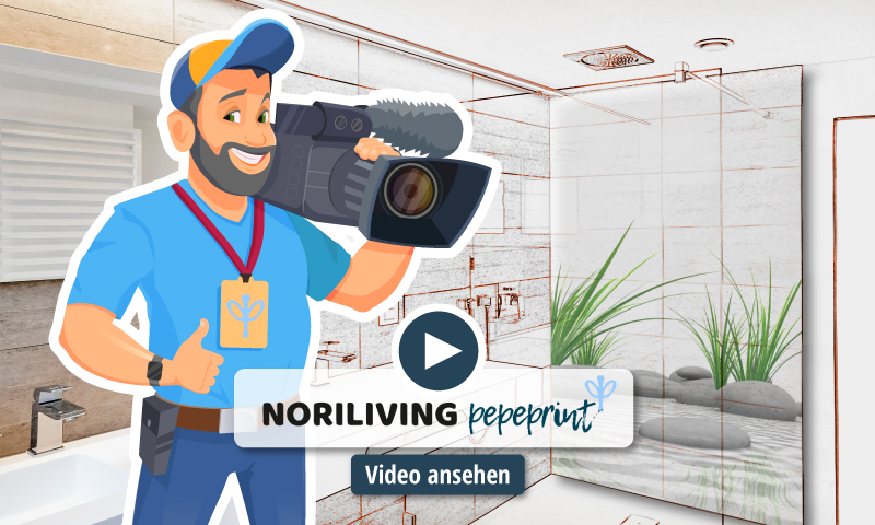 Illustration eines Kameramanns in einem modernen Badezimmer für Noriliving-Video