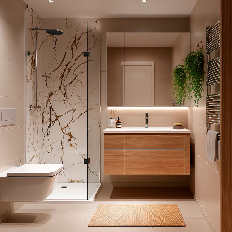Modernes Badezimmerdesign mit Duschkabine und hölzernem Waschtisch Elegantes Badezimmer mit Glasduschkabine, marmorierten Wandfliesen, modernem Waschtisch mit Spiegel und Dekorationen