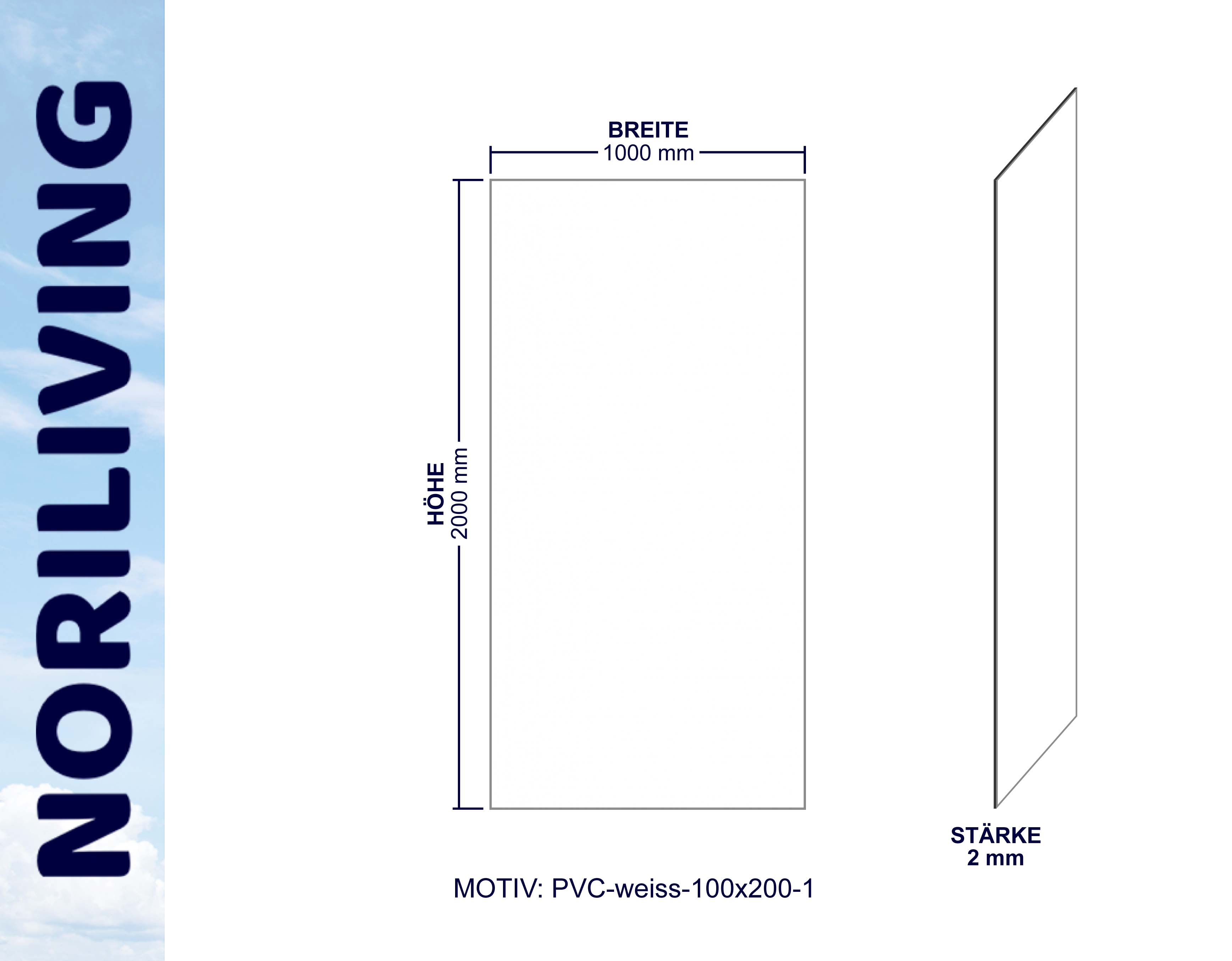 Diagramm einer PVC-Platte, weiß, 1000 mm breit, 2000 mm hoch, 2 mm stark