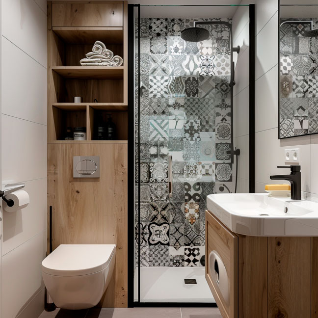 Ein modernes Badezimmer mit einer Glasdusche mit kunstvollem Fliesenmuster, einem hölzernen Waschtisch und weißen Wänden.